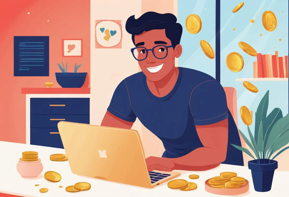 La réussite d'un entrepreneur du web Un homme souriant à lunettes travaille sur son ordinateur portable, des pièces d'or volent autour de lui