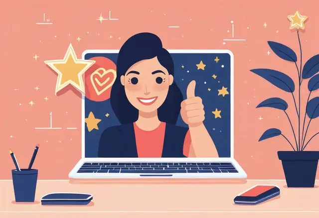 Un avis franc et professionnel Une femme souriante lève le pouce devant un ordinateur, entourée d'étoiles dorées