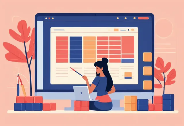 Créer son propre site Une femme construit un site sur un grand écran avec des blocs colorés