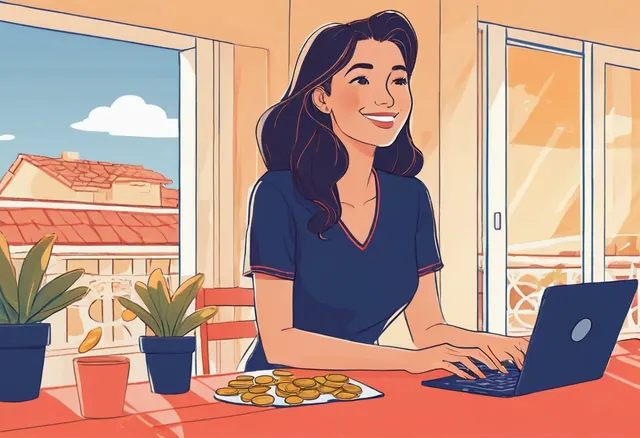 Gagner sa vie sur internet Une femme souriante travaille sur son ordinateur sur une terrasse ensoleillée, des pièces sur la table