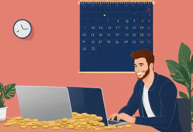 Des revenus qui travaillent pour soi Un homme souriant travaille sur son ordinateur devant un calendrier mural, des pièces d'or sur le bureau