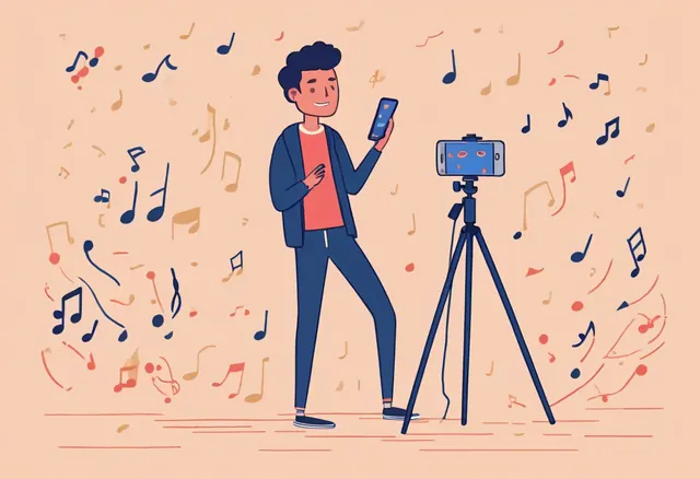 Créer des vidéos TikTok Un jeune homme se filme avec son téléphone posé sur un trépied, des notes de musique autour